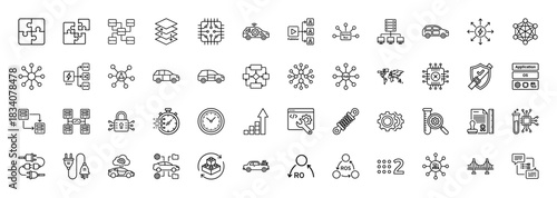 Automotive technology and software line icon set. Vector pictograms of autonomous cars, network flow, sensors, and robotics, thin linear illustration.
