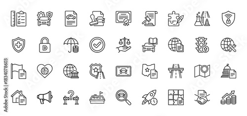 Automotive and transport insurance line icon set. Vector pictograms of document, car, security, shield, and map, thin linear illustration.