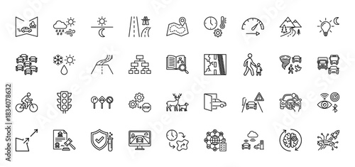 Autonomous vehicle technology line icon set. Vector pictograms of weather, traffic, road signs, and ai driving functions, thin linear illustration.
