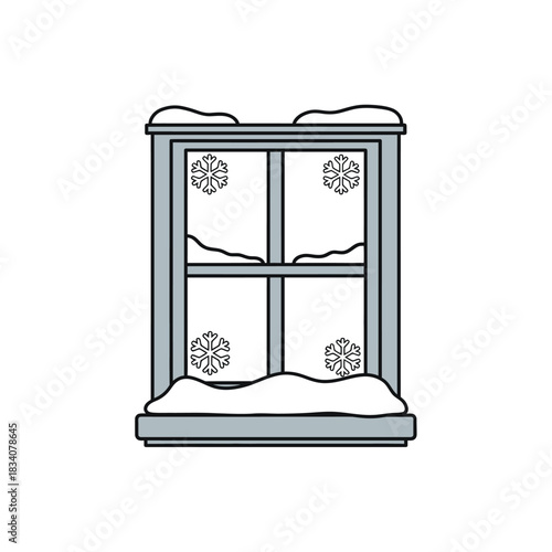 Snowy window with snowflakes and snowdrifts.