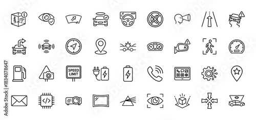 Automotive technology and driver assistance system line icon set. Vector pictograms of navigation, electric vehicle, safety, and warning signs, thin linear illustration.