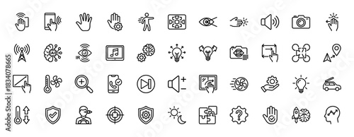 Smart technology and interaction line icon set. Vector pictograms of gesture control, ai, sensors, camera, and navigation, thin linear illustration.