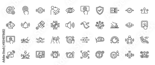 Automotive technology line icon set. Vector pictograms of driver assistance systems, steering, engine, safety, and touch controls, thin linear illustration.