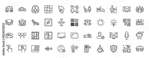 Automotive experience and vehicle comfort line icon set. Vector pictograms of passengers, seating, driver, meditation, temperature control, and display screens, thin linear illustration.