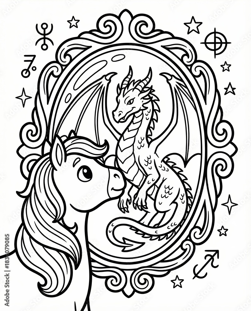 Fototapeta premium Enchanting Scene of a Dragon and a Pony in a Decorative Mirror Frame with Stars and Symbols