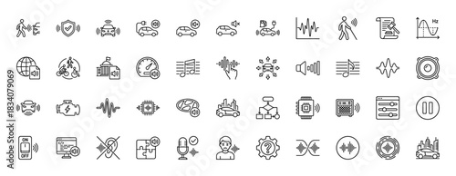 Acoustic vehicle alerting system line icon set. Vector pictograms of electric car, sound wave, speaker, pedestrian safety, mute, engine, volume, thin linear illustration