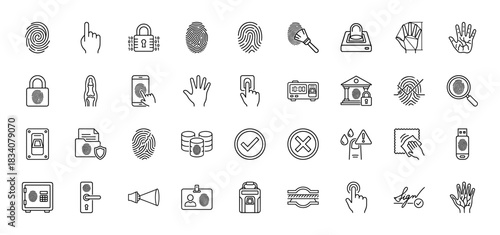 Biometric security line icon set. Vector pictograms of fingerprint scanner, lock, phone, ID card, safe, thumbprint, access, authentication, thin linear illustration.