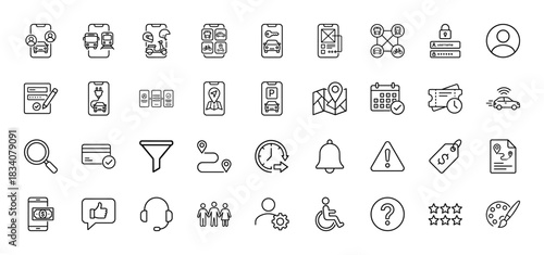 Transportation and car sharing app line icon set. Vector pictograms of vehicle, bus, train, map, navigation, parking, payment and ticket, thin linear illustration.