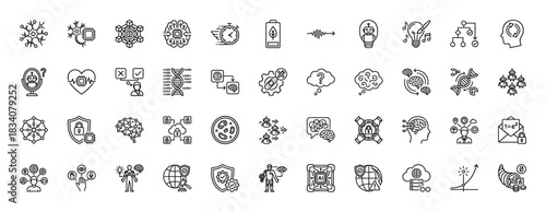 Artificial intelligence line icon set. vector pictograms of neuron, brain, machine learning, deep learning, and coding, thin linear illustration.