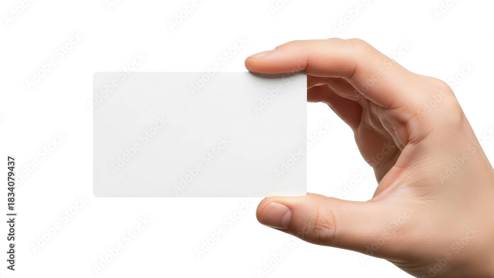 Obraz premium Hand holding blank white business card against black