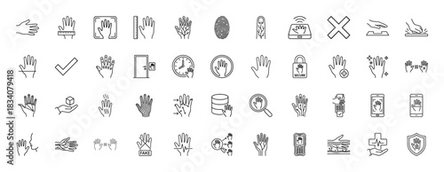 Biometrics line icon set. Vector pictograms of palm scanning, vein recognition, touchless identity, fingerprint, lock and mobile payment, thin linear illustration.