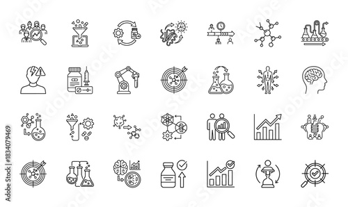 Biotechnology research and development line icon set. Vector pictograms of drug manufacturing, chemical analysis, and scientific processes, thin linear illustration.