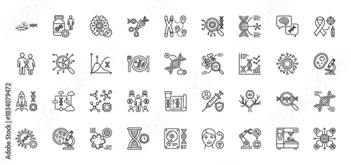 Biotechnology and genetics line icon set. Vector pictograms of DNA, gene, cloning, microscope, bioengineering, AI, virus and medicine, thin linear illustration.
