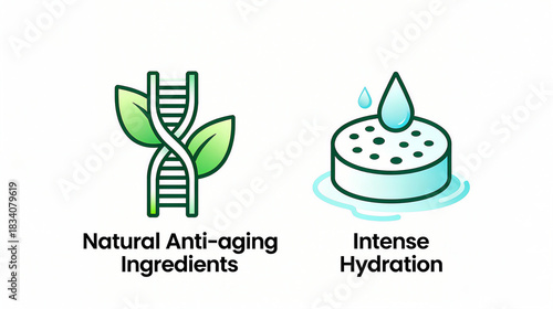 DNA green leaves and water droplet condensation represent natural anti-aging ingredients and dense hydration, suitable for promoting natural skincare or moisturizing products.
