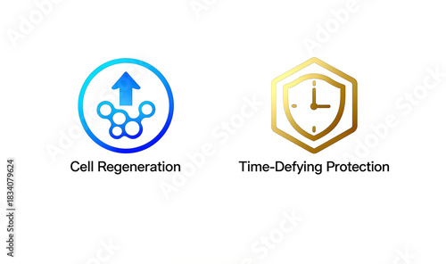 Molecular arrows and shield clock elements represent the concept of cell regeneration and anti-aging protection, suitable for high-end anti-aging skincare product promotional materials.
