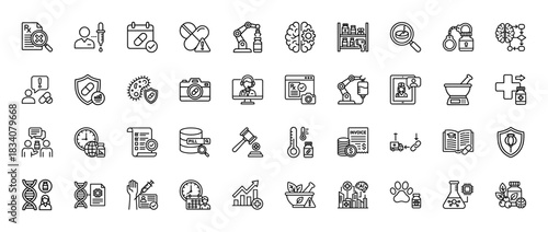 Pharmaceutical and drug development line icon set. Vector pictograms of clinical trials, prescription, laboratory, pills, biotech, thin linear illustration.