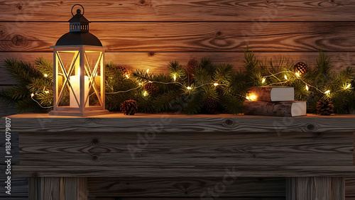 Lantern on wood mantel