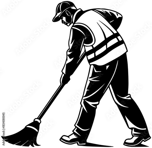 Labor Silhouette – Worker Sweeping Ground with Broom and Safety Gear