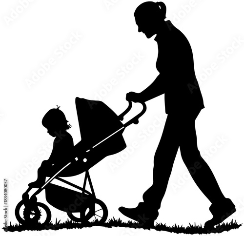 Care Silhouette – Adult Pushing Child in Stroller on Grass