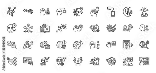 Brain computer interface line icon set. Vector pictograms of neuroscience, mind control, neural network, mental health, cognitive science, thin linear illustration.