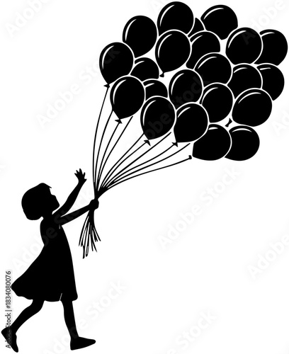 Balloon Silhouette – Child Holding Large Cluster Floating Upward