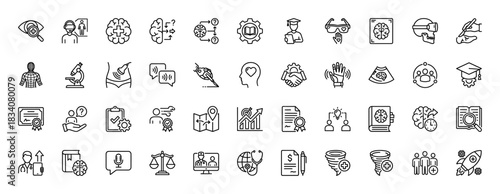 Medical technology and education line icon set. Vector pictograms of brain, doctor, microscope, robot, ultrasound, telemedicine and certificate, thin linear illustration.
