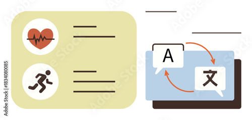 Heart monitoring and activity icons alongside a speech bubble language translation graphic. Ideal for health apps, fitness tools, AI, global communication, healthcare, productivity, multilingual
