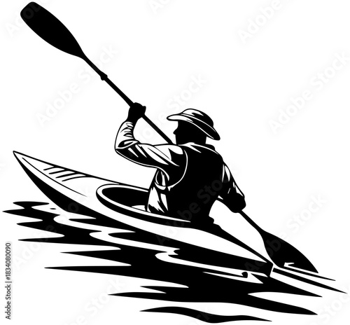 Kayak Silhouette – Paddler in Motion with Ripples and Outdoor Gear