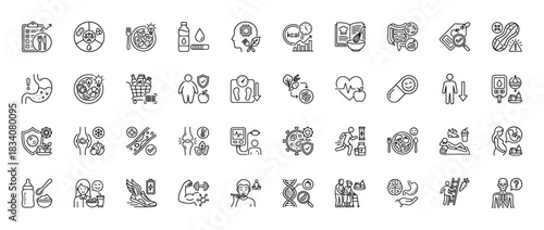 Nutrition and diet line icon set. Vector pictograms of healthy food, calorie counter, gut digestion, diabetes, vitamins and metabolism, thin linear illustration.