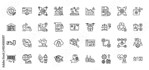Logistics and supply chain line icon set. Vector pictograms of warehouse, delivery truck, drone, and security, thin linear illustration.