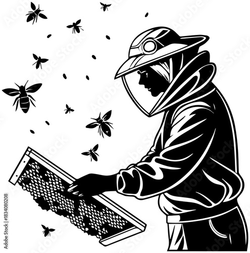 Beekeeper Silhouette – Honeycomb Frame and Flying Bees