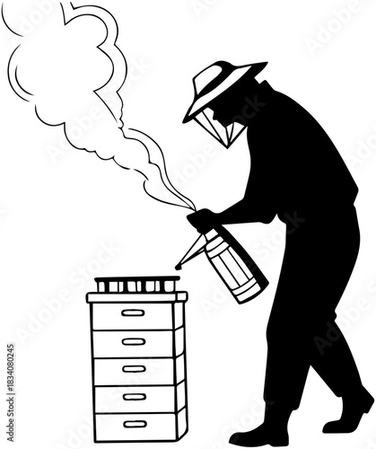 Beekeeper Silhouette – Smoking Hive with Protective Gear and Langstroth Boxes