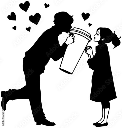 Coffee Gift Silhouette – Oversized Cup and Romantic Gesture with Hearts
