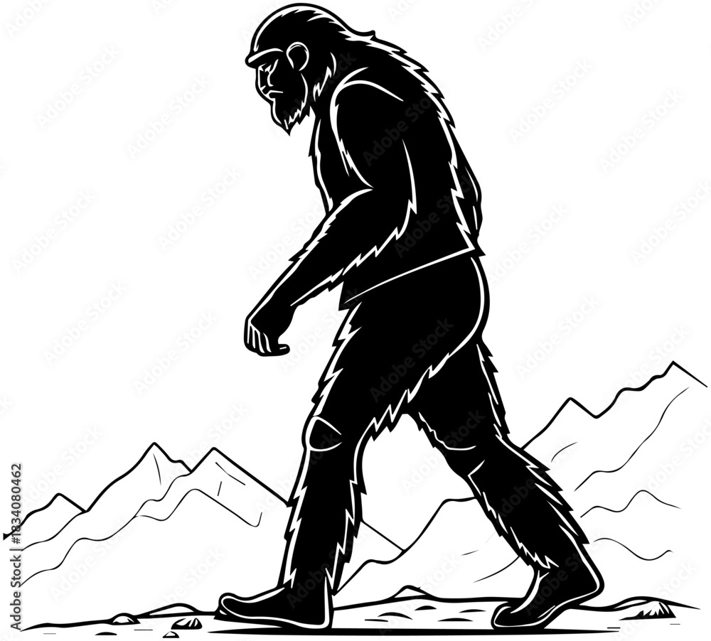 Fototapeta premium Bigfoot Silhouette – Cryptid Walking Through Mountain Wilderness