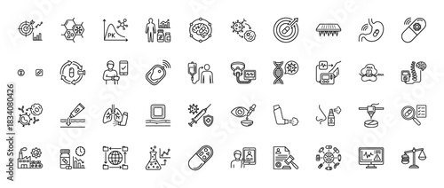 Pharmacology and biotechnology line icon set. Vector pictograms of drug development, chemical structure, dna, syringe, lab, and clinical trials thin linear illustration.