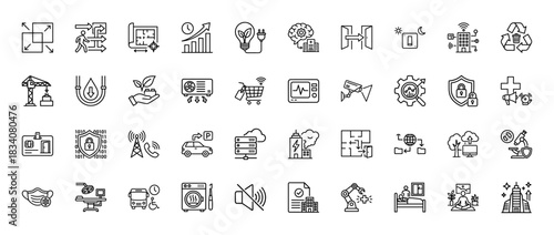 Smart city and internet of things line icon set. Vector pictograms of security, automation, recycling, brain, and construction, thin linear illustration.