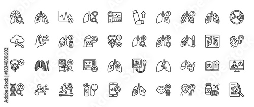 Medical respiratory system line icon set. Vector pictograms of lungs, asthma inhaler, x-ray, thermometer, heart, and dna, thin linear illustration.