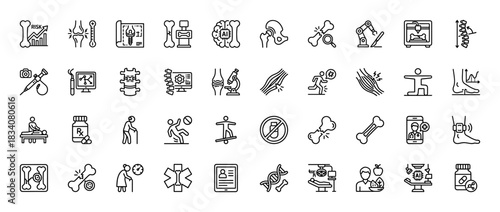 Orthopedics line icon set. Vector pictograms of spine, joint, fracture, implant, x-ray, rehabilitation, surgery, skeleton, thin linear illustration.