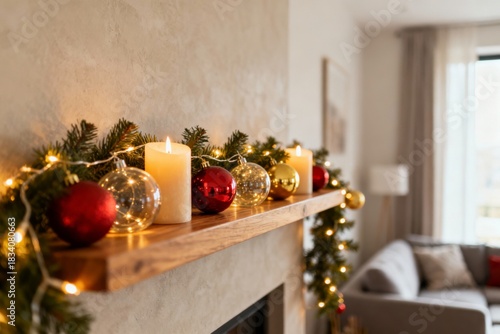 Christmas Mantel With Candles and Ornaments in Cozy Living Room