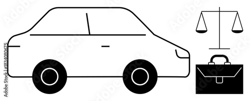 Automotive law, justice, legal services, car accidents, court , insurance claims. Black-and-white car, scales of justice and a briefcase. Automotive law and justice concepts
