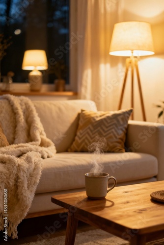 Cozy Living Room With Steaming Mug and Warm Lamp Ligh