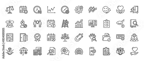 Business and human resources line icon set. vector pictograms of checklist, calendar, pay check, and growth chart, thin linear illustration.