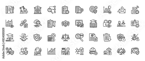 Compliance and audit line icon set. Vector pictograms of legal, fraud, healthcare policy, risk, investigation, medical insurance, safety, thin linear illustration.