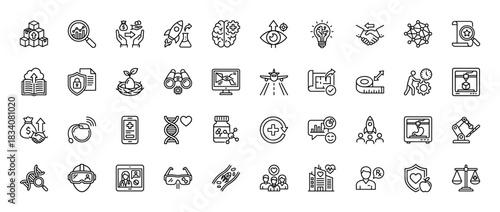 Innovation, startup and medical technology line icon set. Vector pictograms of rocket, brain, dna, robot, printer, vr, network and analysis, thin linear illustration.