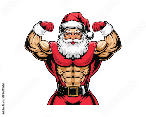 A strong, muscular Santa Claus, shirtless with a six-pack, flexes his bicep while carrying a sack of presents, ready for a fit Christmas celebration.