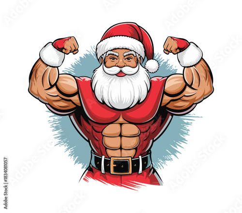 A strong, muscular Santa Claus, shirtless with a six-pack, flexes his bicep while carrying a sack of presents, ready for a fit Christmas celebration.
