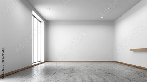 Minimalist interior space features stark white walls, weathered wooden flooring, and abundant natural light from a tall window