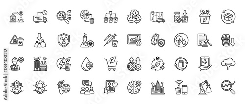 Ecology and waste management line icon set. Vector pictograms of recycling, circular economy, solar energy, carbon footprint, hazardous disposal and robotic sorting.