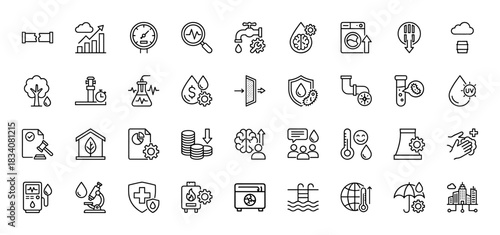 Water resource management and environmental conservation line icon set: vector pictograms of plumbing, filtration, utility, and quality symbols, thin linear illustration.