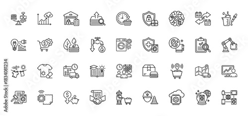 Smart laundry and logistics line icon set. Vector pictograms of washing machine, delivery truck, robot, clothes, water, payment and schedule. Thin linear illustration.